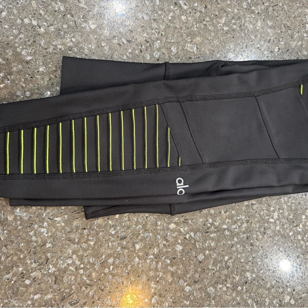 Alo Black Leggings with Yellow Stripes